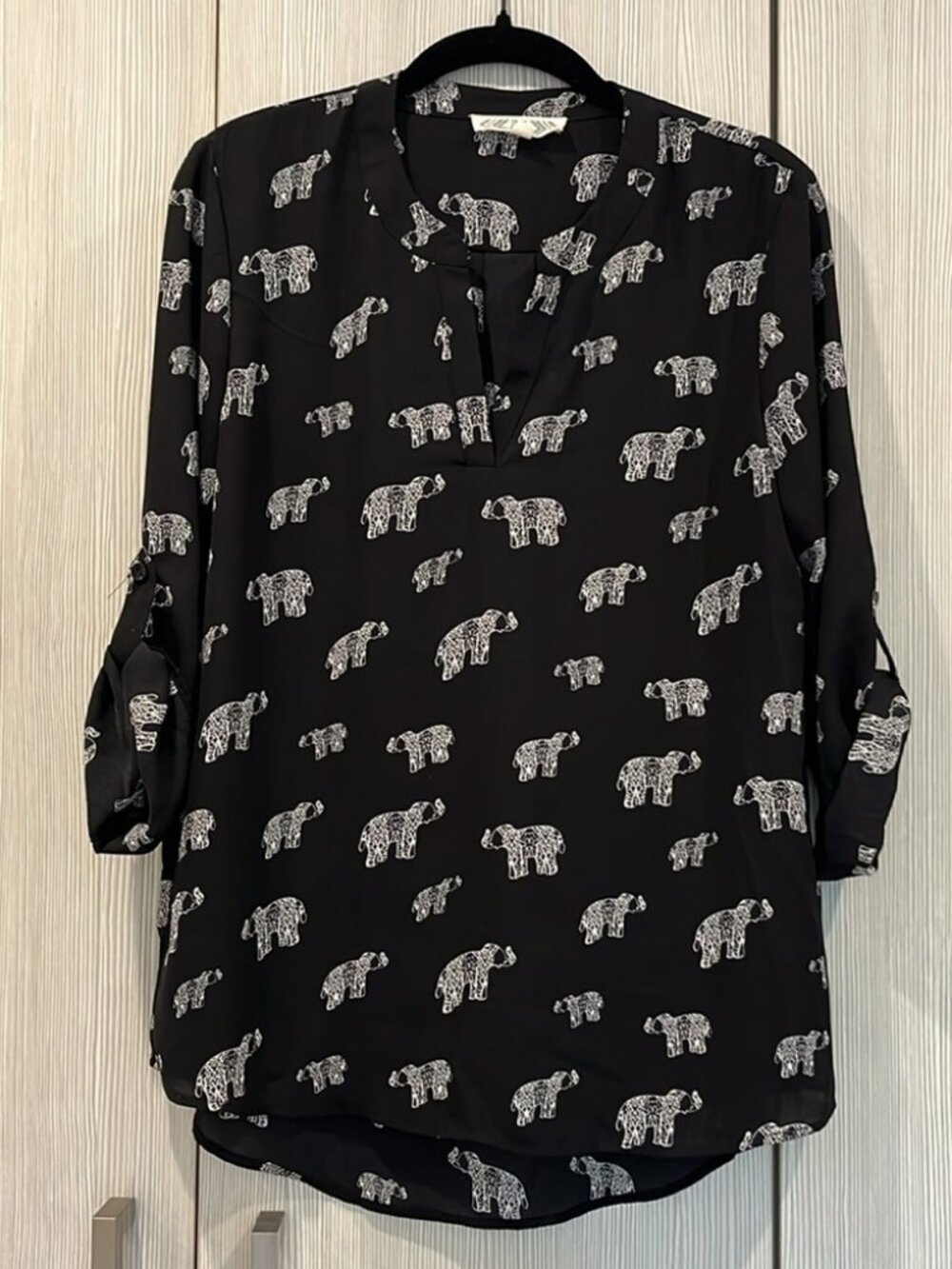 Pink Rose | Elephant Print V-Neck Blouse | Black & White | Medium